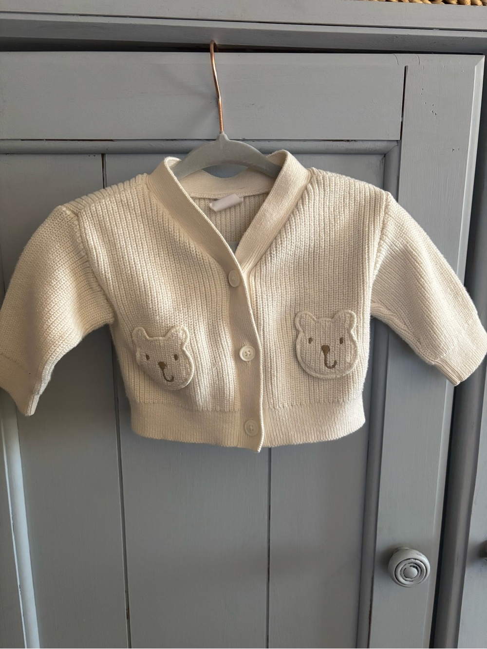 GAP Cream Knit Baby Cardigan with Bear Patch Pockets